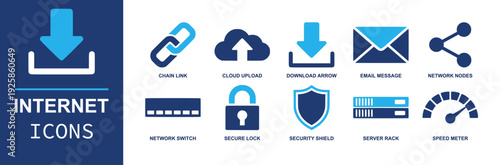 Internet icon set. Containing chain link, cloud upload, download arrow, email message, network nodes, network switch, secure lock, security shield, server rack, speed meter and more. Solid fill vector