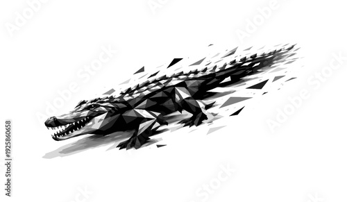 Dynamic low poly crocodile in motion with geometric shards