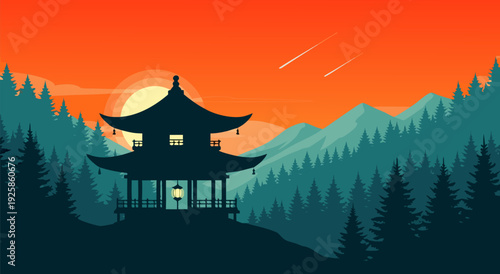 Vector illustration of pagoda silhouette at sunset within tranquil evergreen forest landscape