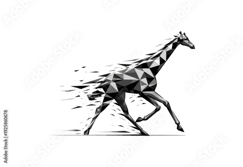 Abstract geometric giraffe in motion: low poly black and white art