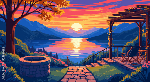 Sunset vector illustration over tranquil lake with mountain path pergola and tree