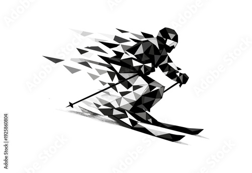Dynamic low poly skiing silhouette in motion with geometric fragments