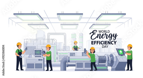 Illustration of workers in a factory setting promoting World Energy Efficiency Day with industrial machinery and sustainable practices.