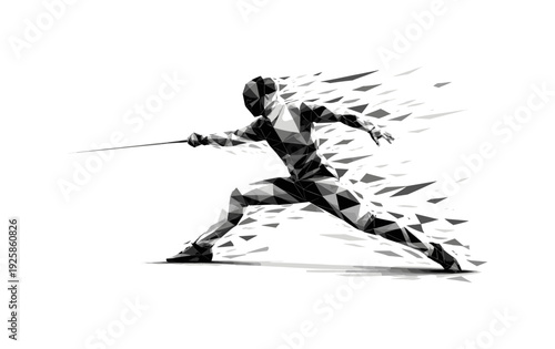 Dynamic geometric fencer in motion with shattered abstract effect