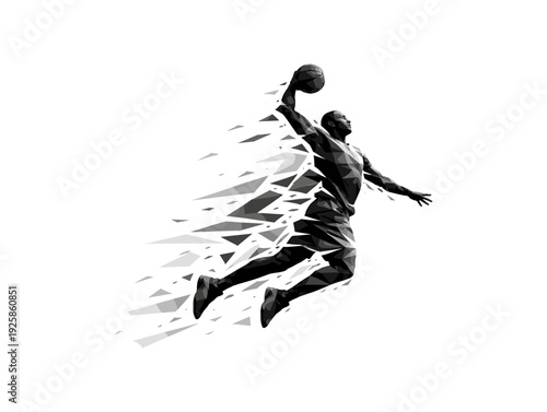 Dynamic low poly basketball dunk with geometric disintegration effect