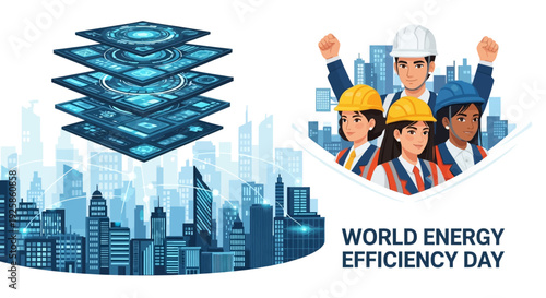 Illustration of three workers celebrating World Energy Efficiency Day with a stylized cityscape and energy-efficient design elements in a vibrant, informative graphic.