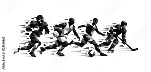 Dynamic polygon athletes: football, basketball, soccer, and hockey silhouettes in motion