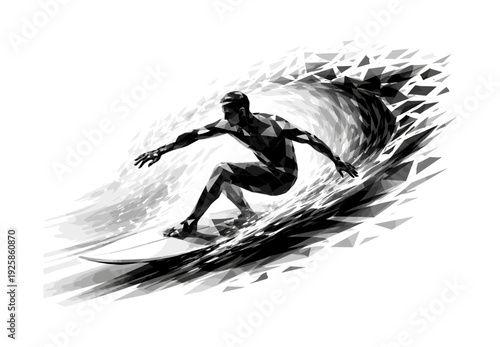Dynamic geometric surfer riding wave in low poly art style