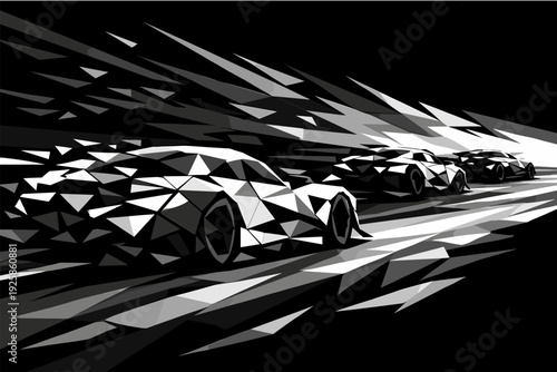 Geometric race car design in motion with dynamic low poly style on black background