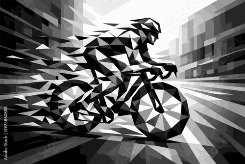 Dynamic geometric cyclist racing through urban cityscape in black and white
