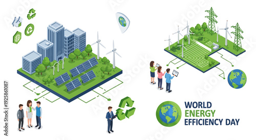 Illustration of people promoting sustainable energy efficiency with solar panels, wind turbines, and green landscapes for World Energy Efficiency Day, highlighting global awareness and