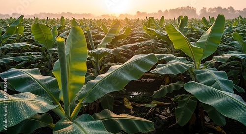 Sunrise Over a Lush Banana Plantation Field.