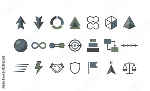 Abstract geometric and interface icons arranged on white background