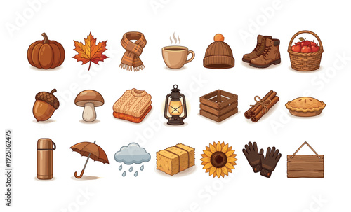 Autumn objects arranged in rows on white background