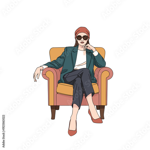 Stylish woman sitting confidently in an armchair with sunglasses  