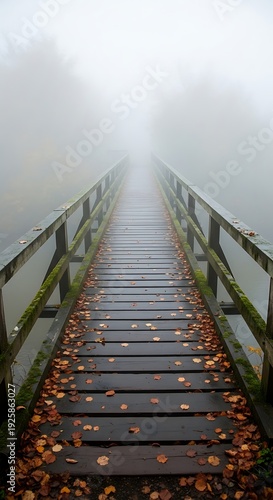 Wooden Bridge Disappearing into Dense Fog with Autumn Leaves.