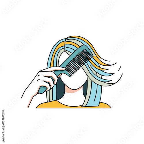 Woman combing her colorful hair with a large hairbrush  