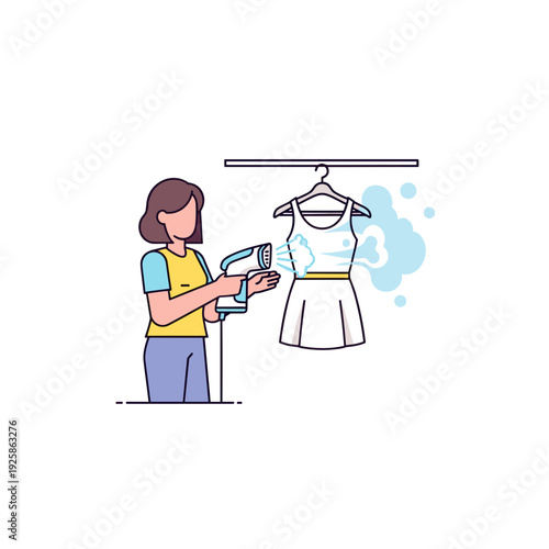 Woman steaming clothing while hanging on a rack in a bright room  