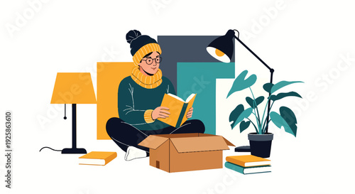 Young Woman Reading Book in Cozy Setting with Lamps and Plant.