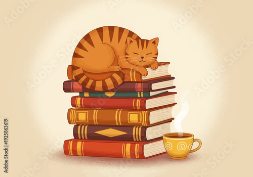 An orange tabby cat sleeps on a stack of colorful books next to a cup of coffee