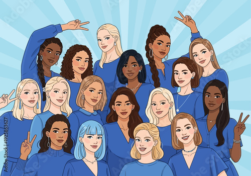 Diverse group of women in blue shirts on light blue background
