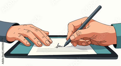 Two hands signing a document on a tablet representing digital agreement.
