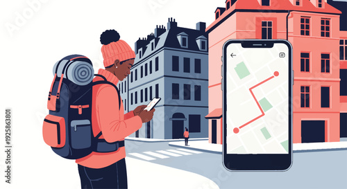 Traveler navigating city streets with a smartphone map application.