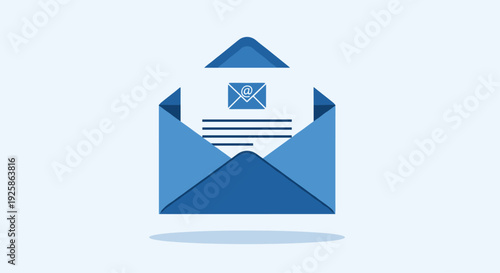 An open dark blue envelope reveals a white paper with an 'at' symbol and text on a pale blue background.