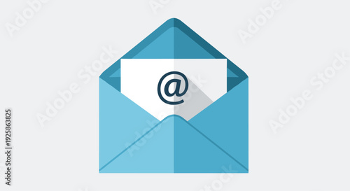 An open light blue envelope reveals a white paper with a large 'at' symbol on a light grey background.