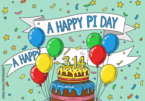 Pi day celebration with cake and balloons on teal background