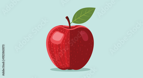A glossy red apple with a green leaf and brown stem sits on a light blue background.