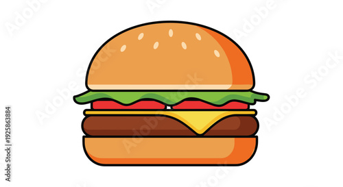 A delicious hamburger with a sesame bun, patty, cheese, lettuce, and tomato stands on a white background.