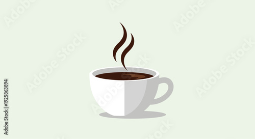 A white coffee cup with dark brown steaming hot coffee inside rests on a light grey background.