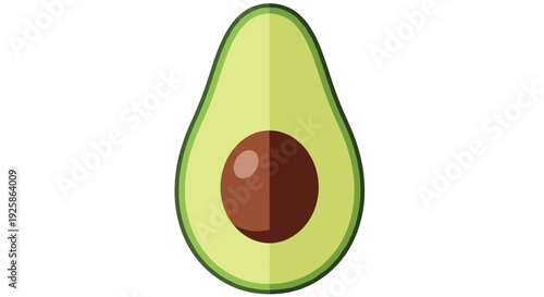 A perfectly cut avocado half with its large brown seed rests centrally on a white background.