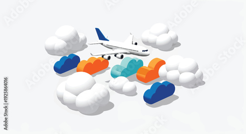 Airplane flying through vibrant colorful clouds in a playful sky.