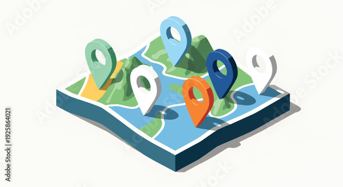 Isometric Map with Colorful Location Pins Representing Global Navigation and Travel.