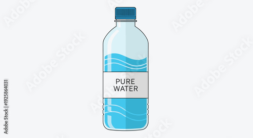 A clear plastic bottle filled with blue Pure Water features a label and a blue cap.