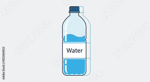 A clear plastic bottle labeled Water shows a blue cap and liquid against a light background with a subtle outline.