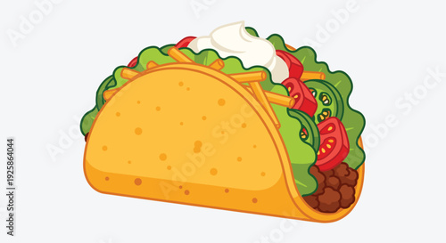 A colorful hard shell taco is generously filled with ground beef, lettuce, tomato, cheese, and sour cream.