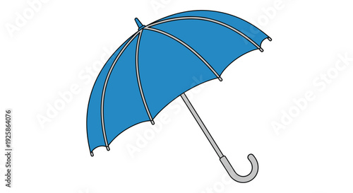 A single blue umbrella with a curved silver handle is depicted open on a clean white background.