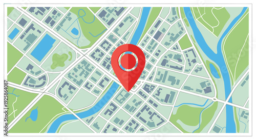 A large red location pin is centered over a detailed city map displaying streets, buildings, rivers, and green park areas.