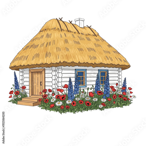 Charming Rustic Thatched Roof Cottage with Colorful Flower Garden