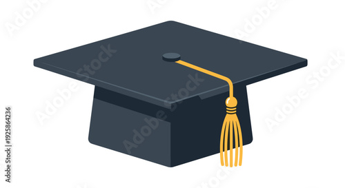 A black graduation cap with a golden yellow tassel hangs to the side, set against a white background.