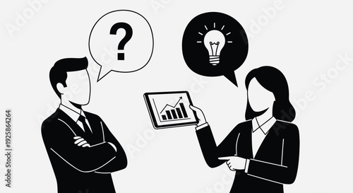Business discussion icons with question mark and light bulb