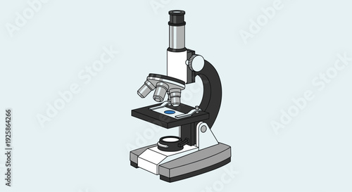 A grey and black traditional laboratory microscope with a blue sample slide rests on a pale blue background.