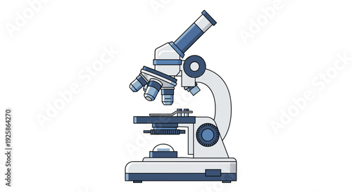 A white and blue modern laboratory microscope with multiple lenses stands on a clean white background.