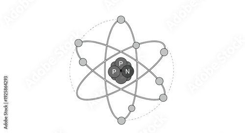 A detailed grayscale atomic structure with a nucleus containing protons and neutrons, surrounded by orbiting electrons.