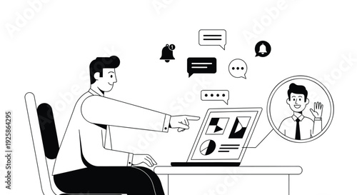 Businessman working on laptop with chat icons