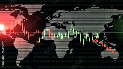 Red and green candlestick chart overlaying a white, pixelated map of the world