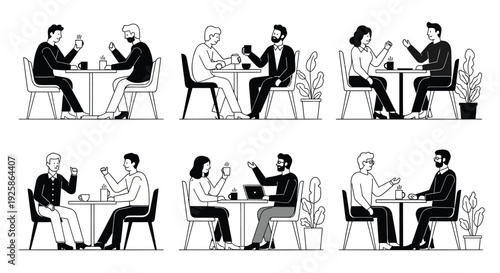 Business people sitting at cafe tables vector icon set